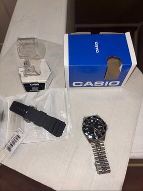 Casio Black Dial Dive-Style Watch with Stainless Bracelet and Extra Black Strap